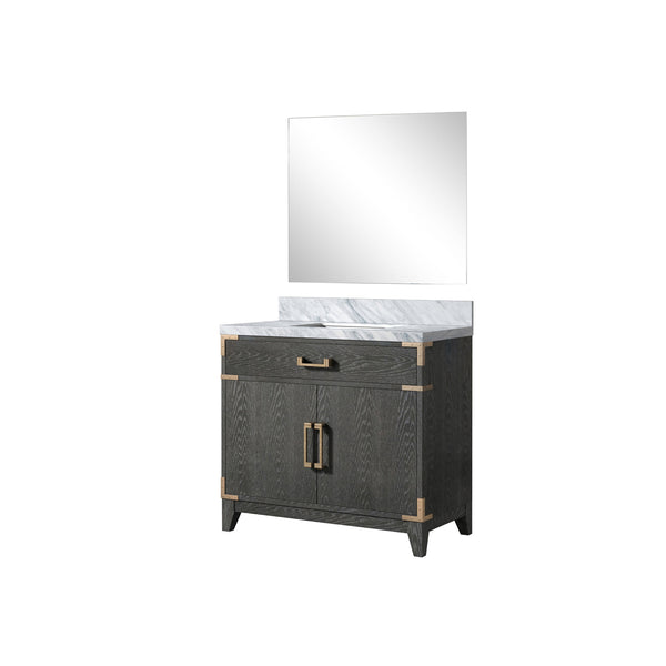English Elm Black Oak Single Bath Vanity With Carrara Marble Top And 34-Inch Mirror – Elegant Storage Solution! B2731S02125