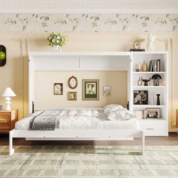 English Elm Queen Murphy Bed with Built-In Shelves, Height-Adjustable Storage & Drawer for Small Spaces White 71.6 L x 21.5 W x 6.1 H N733S309223K