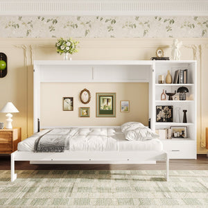 English Elm Queen Murphy Wall Bed with Folding Platform Side Cabinet Drawer and Adjustable Shelves White N733S407545K