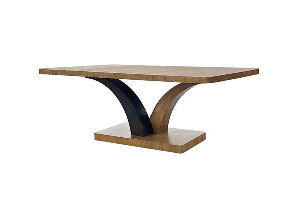 English Elm Pedestal Eucalyptus Rectangular Dining Table in Tan Finish with Sculptural Dual-Arc Base, Solid Wood Veneer, Stable Platform B2699S00103