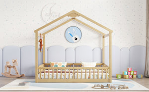 English Elm Double Twin House-Style Floor Bed with Fence Guardrails for Kids, Pine & Plywood Durable Design Natural W504P308461