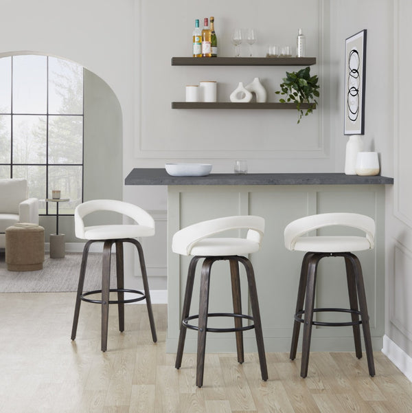English Elm Fixed-height Swivel Barstools Bentwood Walnut Base Faux Leather Seat Set of 2 B202S01911