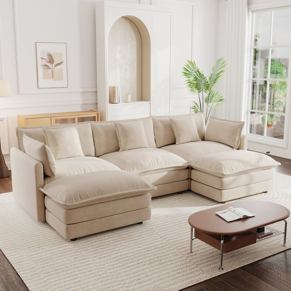 English Elm U-shaped Chenille Sectional with Dual Ottomans Modular Living Room Couch 5 Seat W714S00903