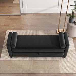 English Elm 66 Inch Sherpa Upholstered Storage Bench with Fluted Wood Base and Bolster Pillows Black W1658P446127