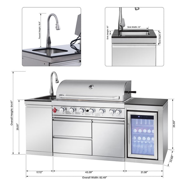 English Elm Outdoor Kitchen Island 6 Burner Propane Grill with Sink Fridge Granite Top W5007S00007