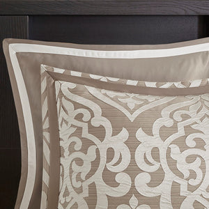 English Elm 8 Piece Jacquard Comforter Set - Luxurious Tan/Ivory Queen Ensemble With Elegant Medallion Design B035128885