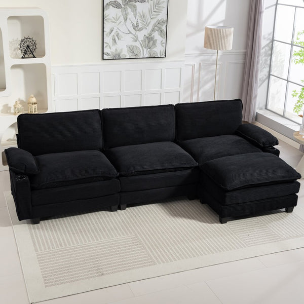 English Elm Modern Black Corduroy L-shaped Sectional with Ottoman for Spacious Living Rooms W2715P382263