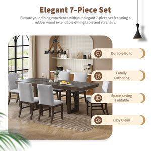 English Elm TOPMAX 7-Piece Extendable Dining Set with 12" Self-Hidden Butterfly Leaf and Upholstered Chairs, Distressed White Wire-Brushed Finish Brown SP000059AAD