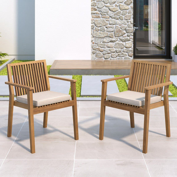 English Elm Christopher Knight Home® - Patio Acacia Wood Dining Chairs Set of 2 with Waterproof Cushions, Ergonomic Armrests, 400 lb Capacity Beige,Brown N779P234497B