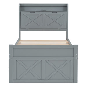 English Elm Twin Storage Bed with Headboard Outlets, Extendable Trundle & 3 Drawers, Durable MDF/Plywood Design Gray 45.5 L x 21.5 W x 8 H N733S172839E