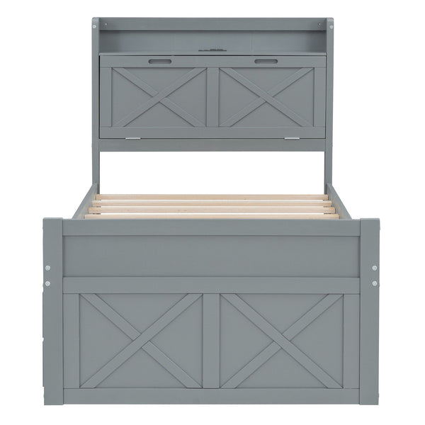 English Elm Twin Storage Bed with Headboard Outlets, Extendable Trundle & 3 Drawers, Durable MDF/Plywood Design Gray 45.5 L x 21.5 W x 8 H N733S172839E
