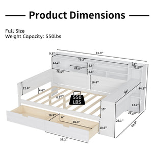 English Elm Wooden Full Size Daybed with Built-In Desk, Side Shelves and Dual Drawers for Organized Living Antique White 70 L x 18.6 W x 5.5 H N733S241486K