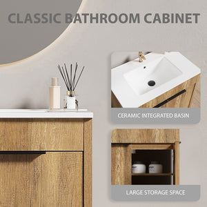 English Elm 30 Inch Floating Bathroom Vanity Fluted Wood Grain Front with Ceramic Integrated Sink W3520S00046