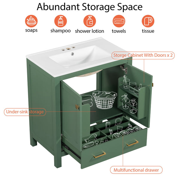 English Elm 60" Green Bathroom Vanity Set with Double Ceramic Sinks, Solid Wood Storage, Soft-Close Doors, Modern Durable Design N729P000001F