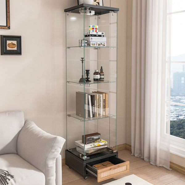English Elm Modern Glass Display Cabinet With Led Lighting - Space-Saving Antique Storage For Living Room & Bedroom W241P268205