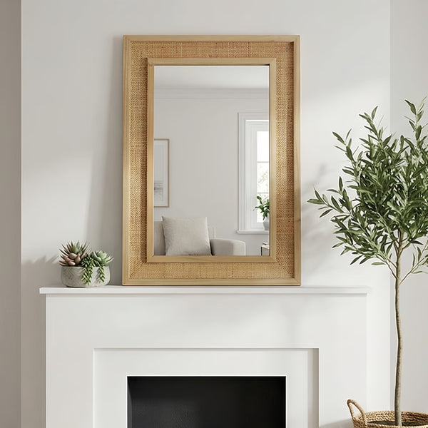 English Elm Natural Rattan Wrapped Solid Wood Frame Rectangle Mirror for Farmhouse Entryway Bath Natural Wood W2203P436620