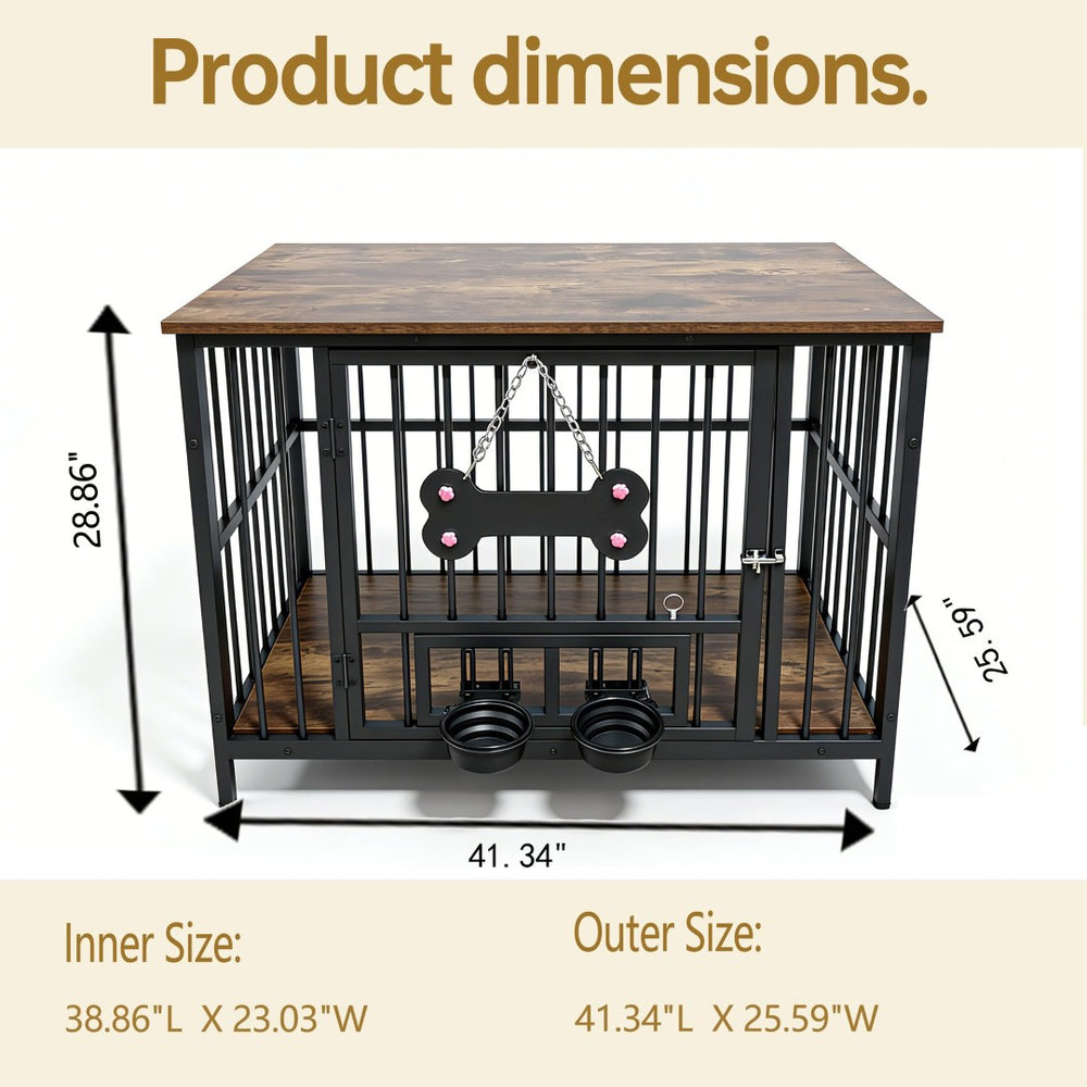 English Elm Vintage Wood Grain Dog Crate with Rotating Steel Bowls for Living Room Decor W5109P495175