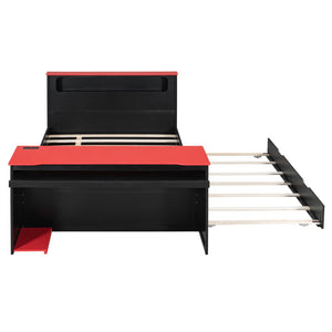English Elm Full Size Wood Platform Daybed with Trundle Desk Rgb Led Lighting Gaming Bedroom Black+Red LT000284AAR