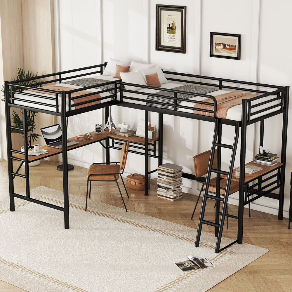 English Elm Twin Metal Loft Bed with Two Built-In Desks, Black — Space-Saving L-Shaped Twin Bunk for Study & Sleep GX001114AAB-1