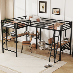 English Elm Twin Metal Loft Bed with Two Built-In Desks, Black — Space-Saving L-Shaped Twin Bunk for Study & Sleep GX001114AAB-1