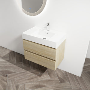 English Elm 30" Wall-Mounted Bathroom Vanity With Modern Resin Sink, Soft-Close Drawers, And Eco-Friendly Design W999S00197