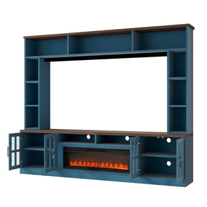 English Elm U-can Modern Farmhouse Wall Unit with Electric Fireplace Bookshelves and Glass Cabinet Doors Navy Blue SJ000153AAN