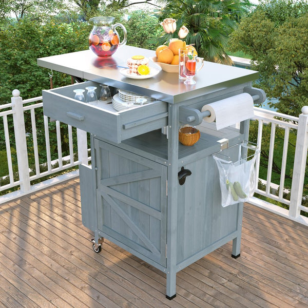 English Elm K&K 40.5" Outdoor Grill Cart with 201 Stainless Top, Solid Fir Storage, Drop Leaf & Lockable Wheels Blue+Grey N707P228272G