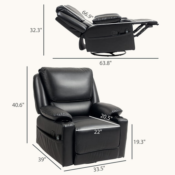 English Elm Massage Recliner Swivel Rocker with Heat Lumbar Support Pu Leather Oversized Lounge T3971P405836