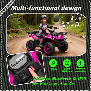 English Elm 24v Dual Motor Kids Atv Ride on with Led Lights Bluetooth Storage Racks Off Road Pink W1578P390450