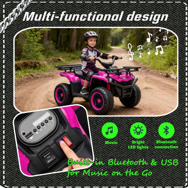 English Elm 24v Dual Motor Kids Atv Ride on with Led Lights Bluetooth Storage Racks Off Road Pink W1578P390450