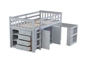 English Elm Twin Loft Bed Rubberwood Frame Pull Out Desk Storage Cabinet and Shelf Kids Room Grey W504S00287