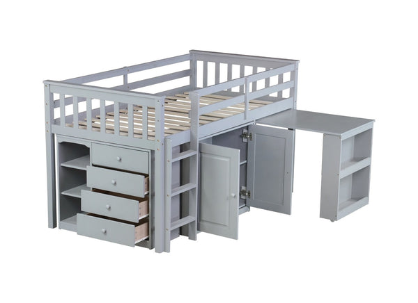 English Elm Twin Loft Bed Rubberwood Frame Pull Out Desk Storage Cabinet and Shelf Kids Room Grey W504S00287