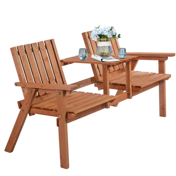 English Elm Outsunny Wooden Patio Bench With Center Table & Umbrella Hole – Stylish Outdoor Seating For Two W2225P217570-GIGA