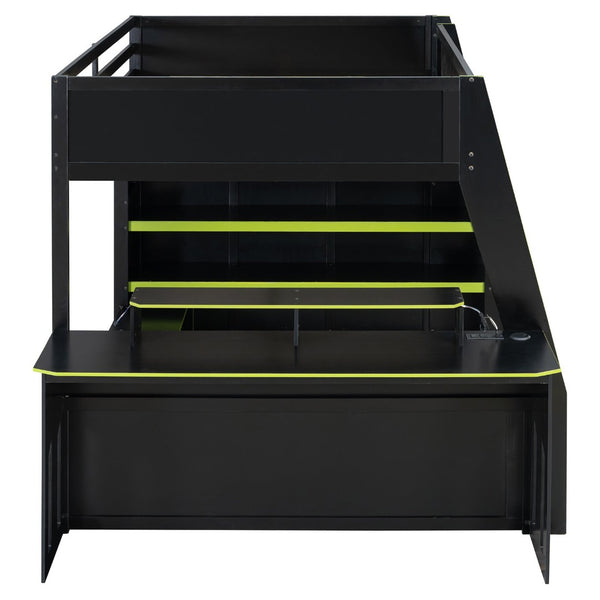 English Elm Full Size Wood Loft Bed with Rgb Lighting Desk and Multi-tier Shelves for Gaming Green LT000374AAG
