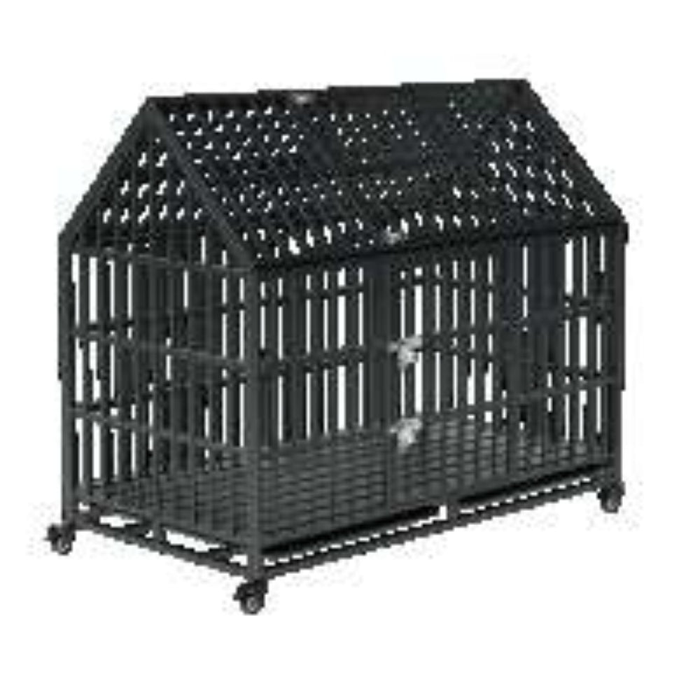 English Elm 52 Inch Heavy Duty Iron Dog Crate with Flat Rooftop Surface and Rolling Casters W2181P356225