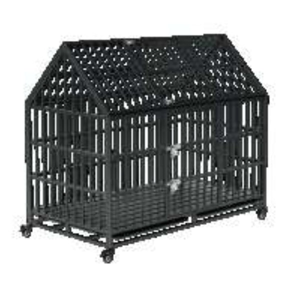 English Elm 52 Inch Heavy Duty Iron Dog Crate with Flat Rooftop Surface and Rolling Casters W2181P356225