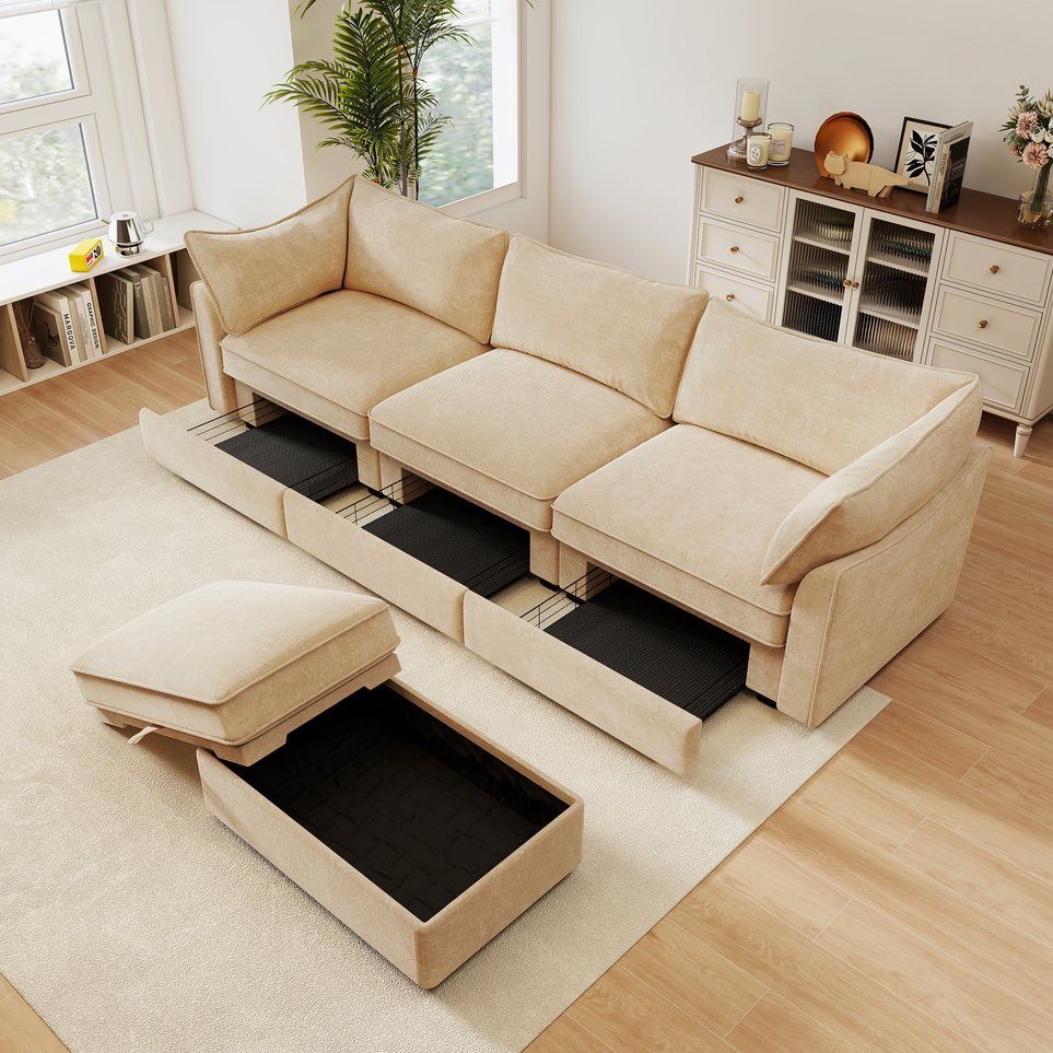 English Elm L-Shaped Modular Sofa With Movable Footstool, Cozy Crescent Armrests, Wheat Chenille Elegance W3041S00176