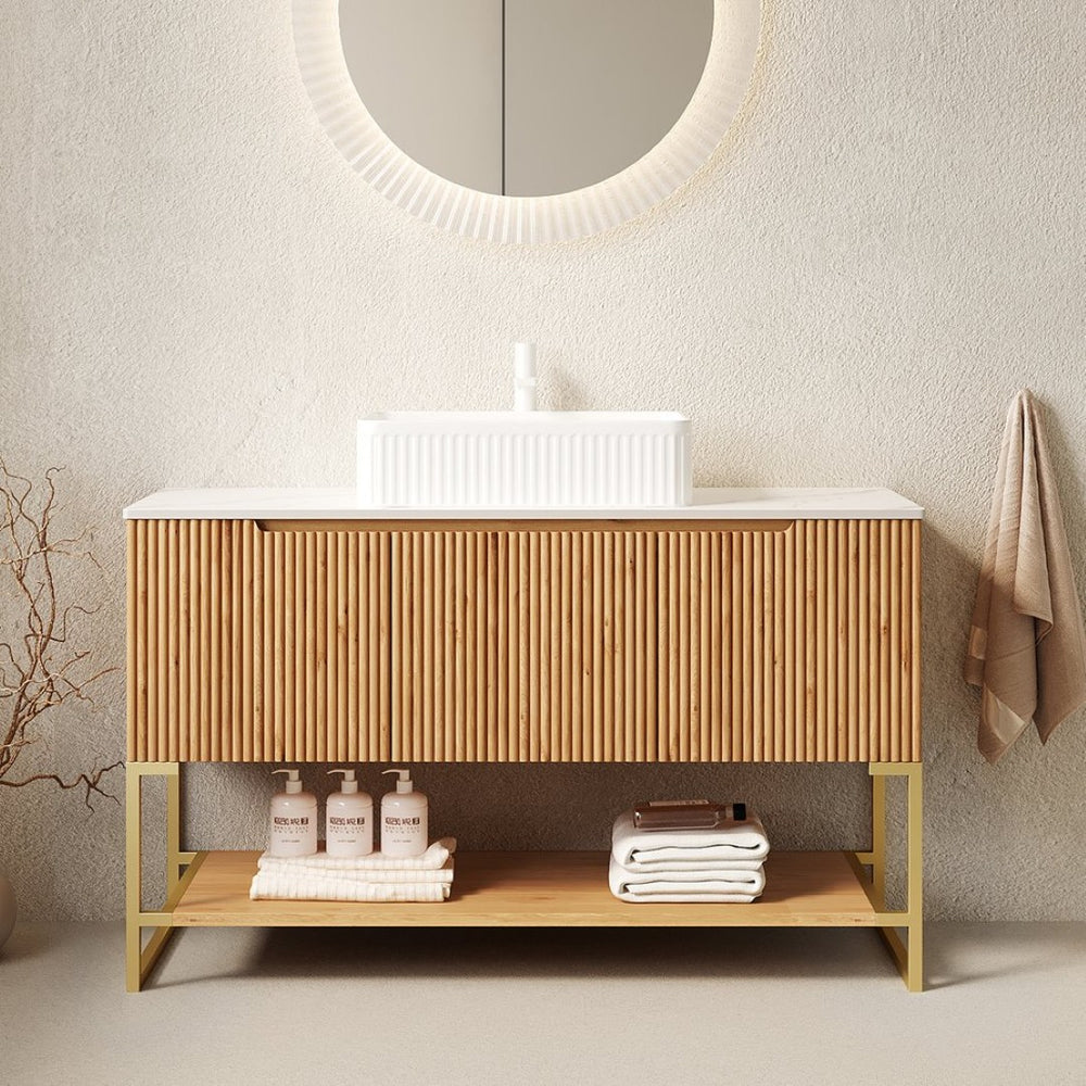 English Elm 48" Freestanding Bathroom Vanity Cabinet Sintered Stone Top Woodgrain Finish Open Shelf W2615S00463