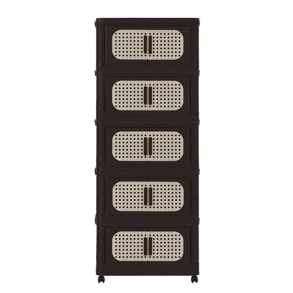 English Elm Retro 20" Folding Storage Cabinet - 5-Tier Collapsible Organizer With Magnetic Door & Wheels, Brown W2873P366244-GIGA