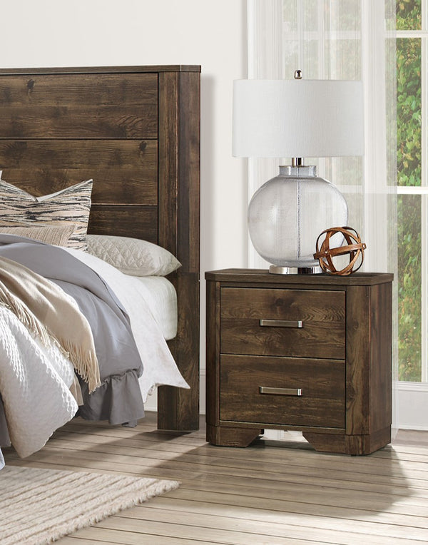 English Elm Rustic Jocelyn Nightstand in Brown Faux-Wood with Clipped Corners, Dual Drawers & Nickel Pulls B011P186840