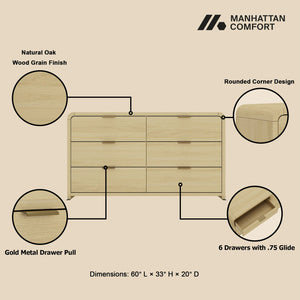 English Elm Grace 60" Dresser Natural Oak — 6-Drawer Modern Solid Wood Look, Metal Glam Handles, TV-Ready B365S00063