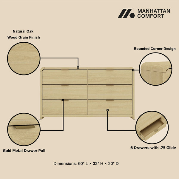 English Elm Grace 60" Dresser Natural Oak — 6-Drawer Modern Solid Wood Look, Metal Glam Handles, TV-Ready B365S00063
