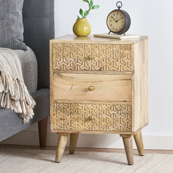 English Elm Christopher Knight Home® - 3 Mango Wood 3-Drawer Bedside Nightstand with Carved Geometric Texture, Boho Handcrafted Accent 71753.00