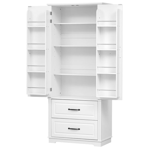 English Elm K&K 71" Farmhouse Pantry Cabinet with Embossed Texture, 2 Drawers, 8 Door Racks, Adjustable Shelves, Anti-Tip Stability Ameican White Oak N707P254905W