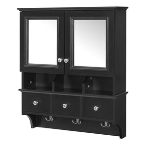 English Elm 4-in-1 Wall Mounted Bathroom Cabinet with Mirror Drawers and Towel Hooks Vanity Black N710P405416B