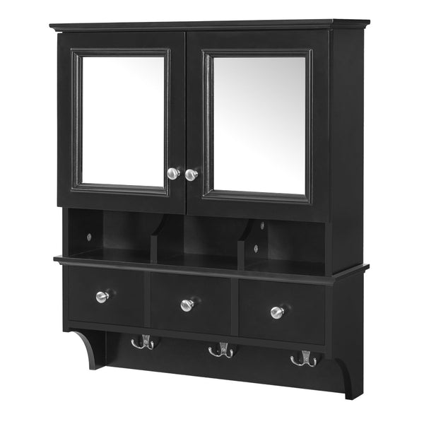 English Elm 4-in-1 Wall Mounted Bathroom Cabinet with Mirror Drawers and Towel Hooks Vanity Black N710P405416B