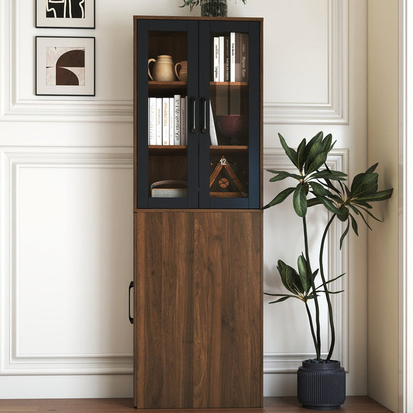English Elm 70.87" Modern Display Storage Cabinet with 4-Tier Pull-Out Shelves, Dual Glass Doors for Home Walnut W331P295246
