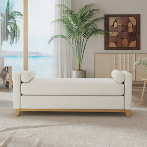 English Elm 66.34 Inch Sherpa Fleece Bench with Fluted Wood Legs Bolster Pillows Mid-century Lounge Beige+Natural W1658P445918