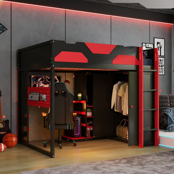English Elm Full Size Loft Bed with Rgb Lighting Usb Charging Desk Wardrobe and Storage Shelves Red LT000387AAJ