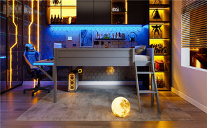 English Elm Wood Full Size Gaming Loft Bed with Desk, LED Lighting, Grey — Sturdy Pine Storage, 400lb Capacity, Space-Saving Design N709P236480E